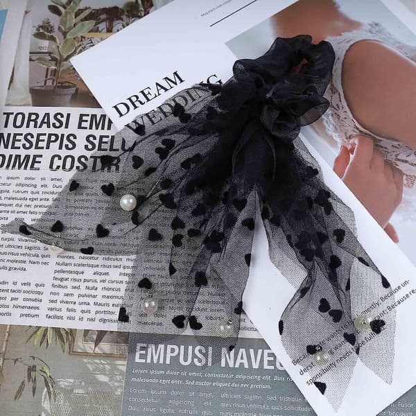 Boho rosett hårrep scrunchies fransk silkechiffon rosett hårband hårband stora Black