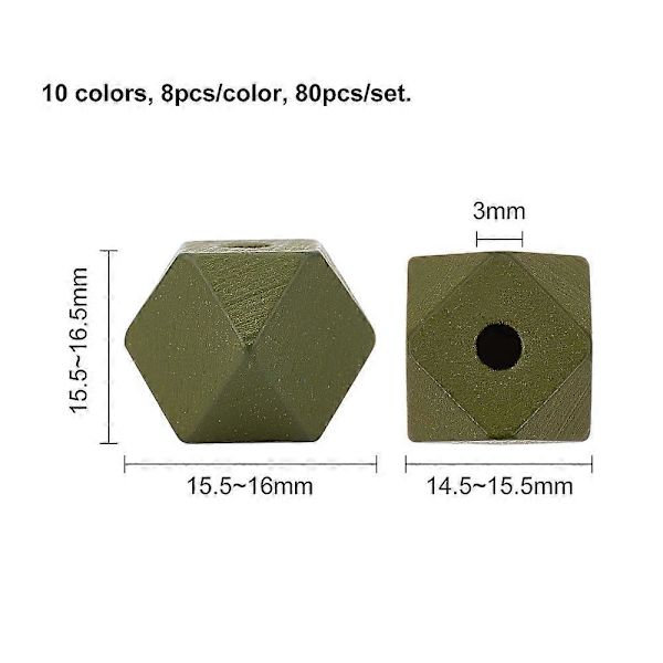 Malede Naturlige Træperler Facetteret Polygon Blandet Farve 15.5~16x14.5~15.5x15.5~16.5mm Hul: 3mm 10 farver 8 stk/farve 80 stk/sæt