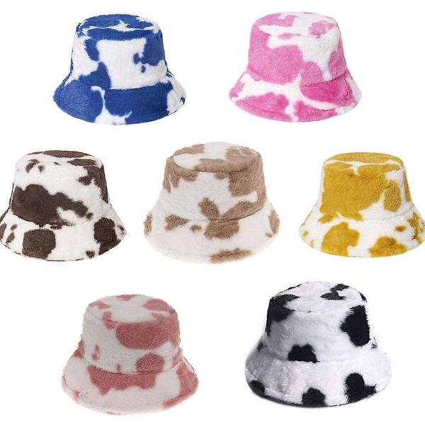 Koppformad hatt med komjölksmönster i plysch, fluffig ull, luddig fiskarhatt, mjuk