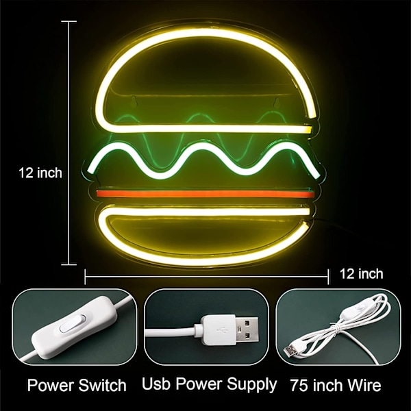 LED transparent akrylplade neon lys hamburger form 5V usb