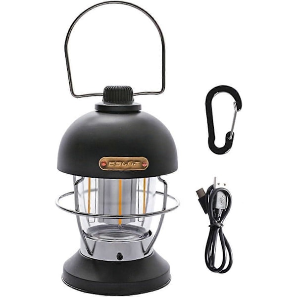 Klassinen vintage LED ladattava retkeilylamppu matkoille, ulkoiluun, häkkimäinen, vaellusteltta, himmennettävä lamppu (musta) B