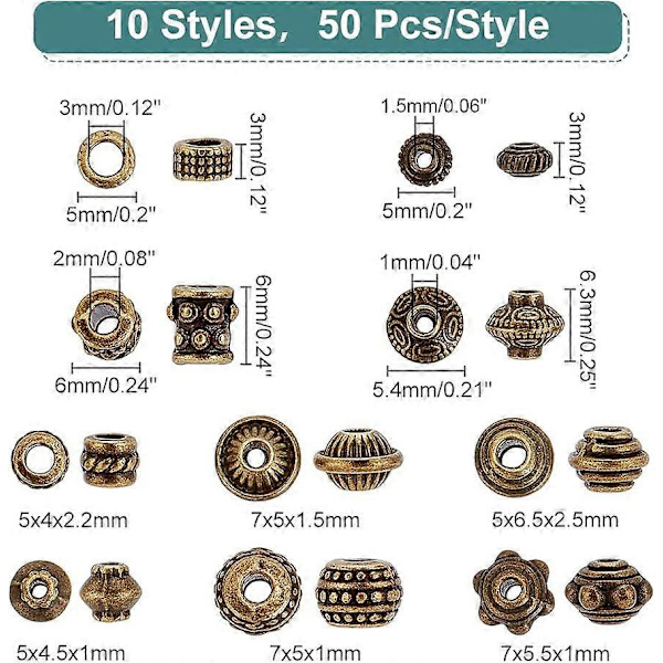 500 stk. 10 Stilarter Metal Spacer Perler Tibetanske Antikke Perler Smykker Spacer Perler Legering Løse Perler til Armbånd Halskæde Smykkefremstilling DIY Håndværk Antiq