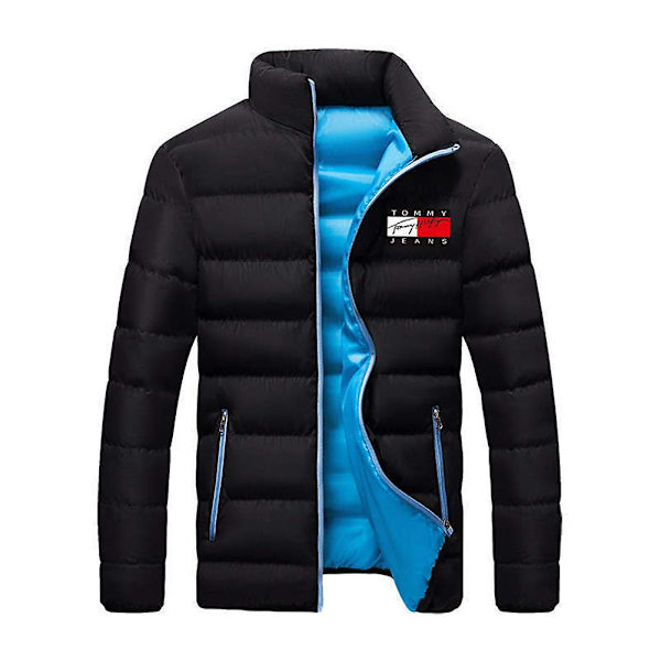 Herr vadderad kappa, midjelång, tjock dunjacka, vintervarm kappa, figursydd passform Black Blue 2XL