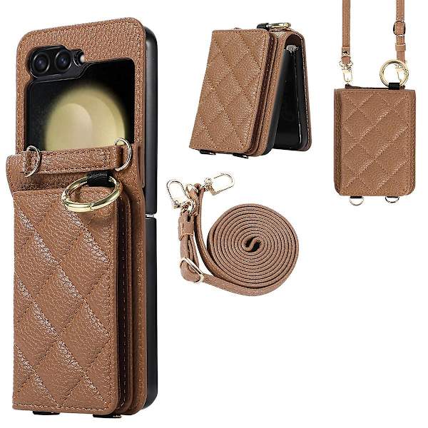 Plånboksfodral i PU-läder, kompatibel med Samsung Galaxy Z Flip 5, med avtagbart crossbody-snöre, kortfack och RFID-blockering Brown For Galaxy Z Flip 5