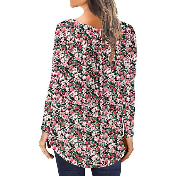 Kvinner Casual Bluser Topper Løse Plisserte Blomstrete Tunika Skjorter For Kvinner Uk V-Hals Redpink M