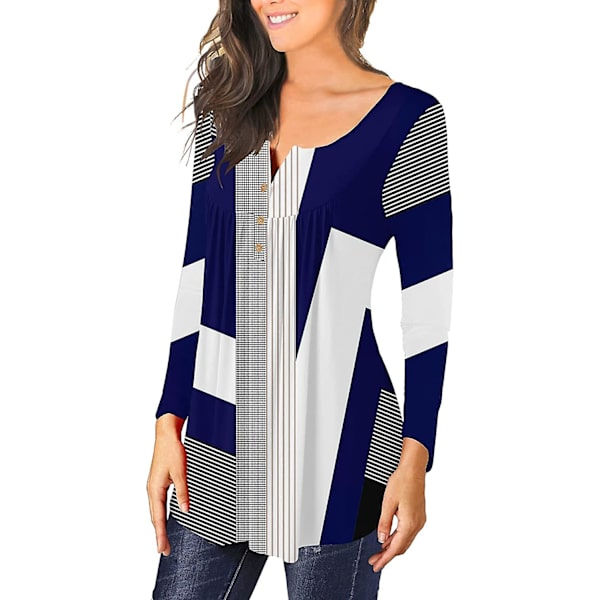 Dame Tunika Topper Ensfarget Plissert V-hals Knapper Bluse Blomstertrykte Damer Flolace L