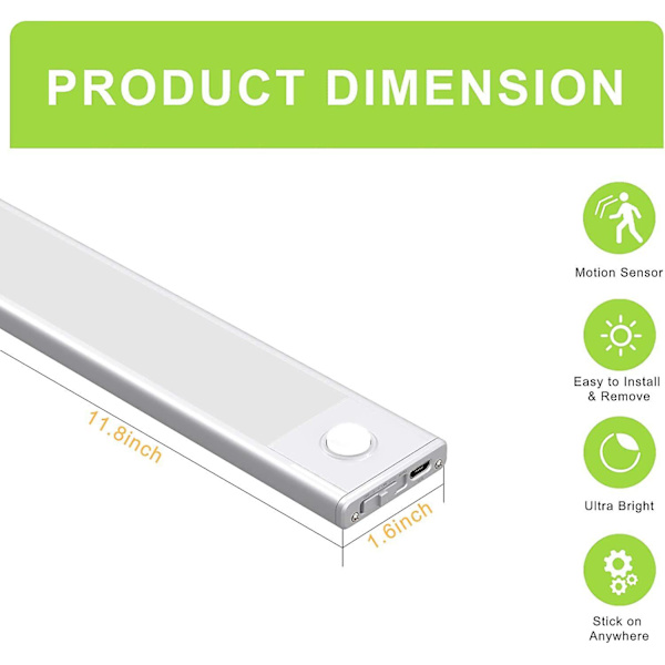 Under skåp lampor rörelsesensor Usb-c laddningsbara LED garderob lampor batteridriven trådlös magnetisk ljusremsa för kök(vit, 3pack)