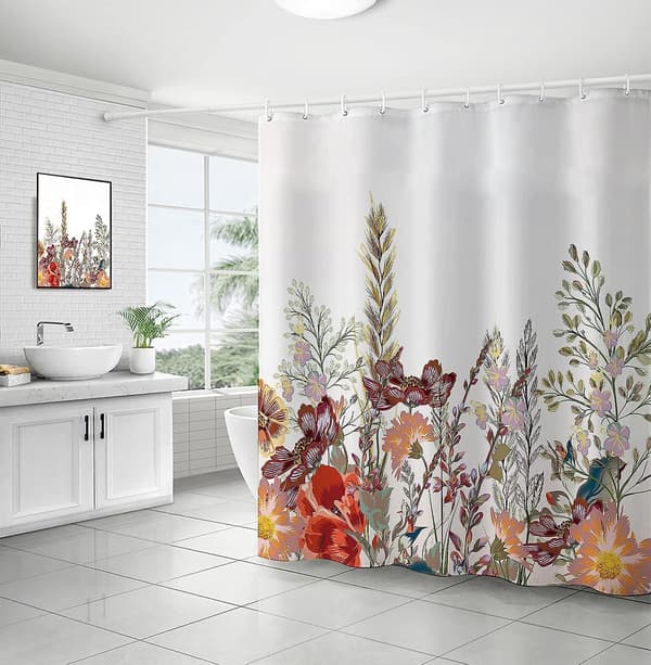 Duschdraperier, badrum duschdraperi med 12 krokar, vattentät polyester Floral