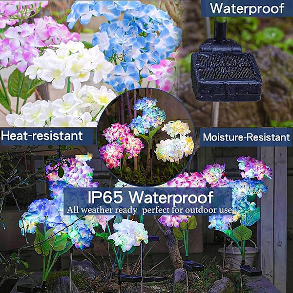 Solcellehavelamper - 3 Pak 2023 Version Solcellelamper Udendørs, Farverige Lamper, Hortensia Blomsterlamper til Gårdhaveindretning, Havepynt