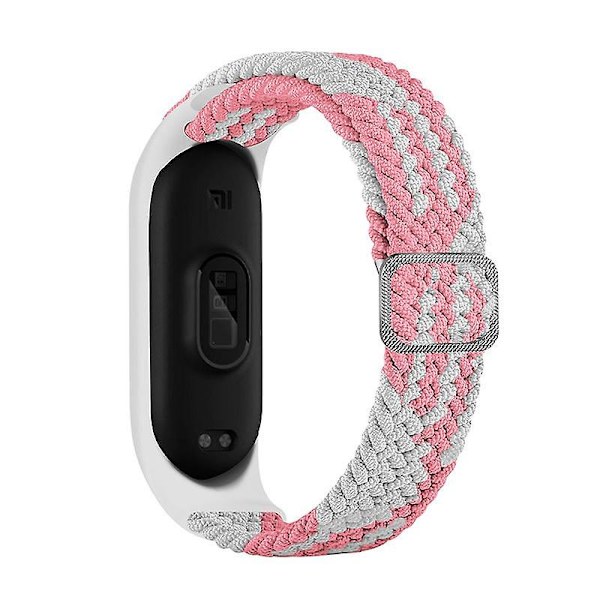 Stretchig nylon solo loop för Xiaomi Mi Band 5/Band 6/Band 7, justerbart flätat sport elastiskt armband Pink White