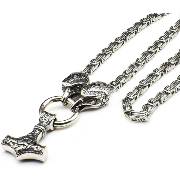 Halsband Herr Wolf Head Thor's Hammer Pendant Halsband Norse Jewellery - Rostfritt stål