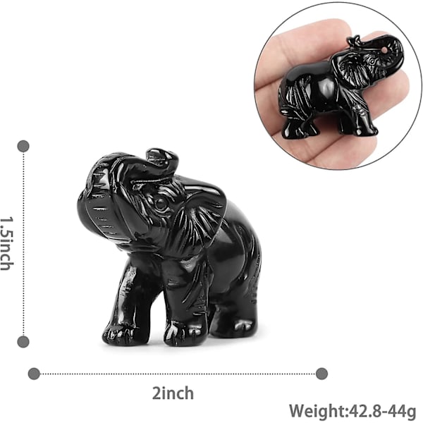 Svart Obsidian Kristall Elefant Statyett Figur Dekor Hand Carved Ädelsten Djur Skulptur För Heminredning Skrivbords Prydnader Med Presentask 2 Tum