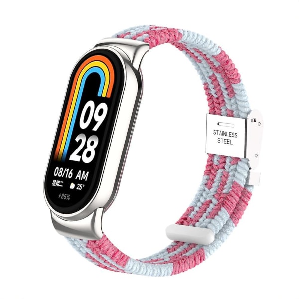 För Xiaomi Smart Band 8 flätat nylon watch Justerbart spänne elastiskt band Pink White