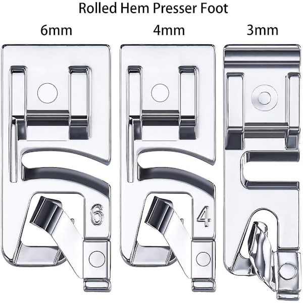 (3mm, 4mm och 6mm), 3-delad smal rullfåll symaskin pressarfot set lämplig för hushålls multifunktionella symaskiner