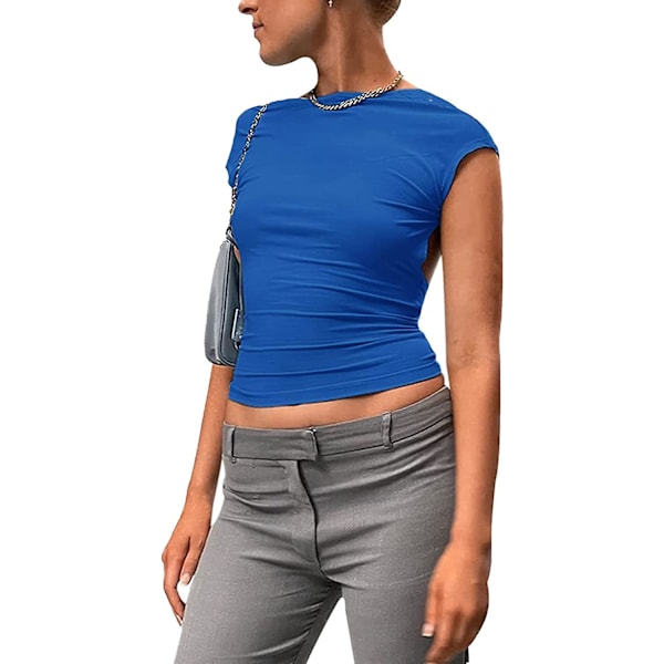 Dame Sexet Top med Udskæring i Ryggen Kortærmet T-shirt Y2k Mode Skjorter Royal Blue S