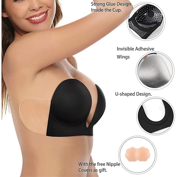 Plunge Strapless Sticky Push Up BH Slitlös Limmad Osynlig, Med Bröstvårtsskydd Black Small