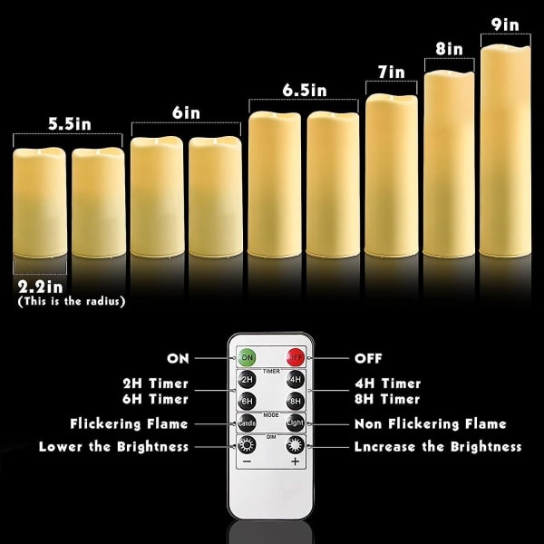 Flamlösa LED-ljus på batteri, 4 tum, 5 tum, 6 tum, 7 tum, 8 tum, 9 tum, set med 9 vattentäta ljus för inomhus- och utomhusbruk med 10-tangenters fjärrkontroll och 24 timmars cykling Ivory