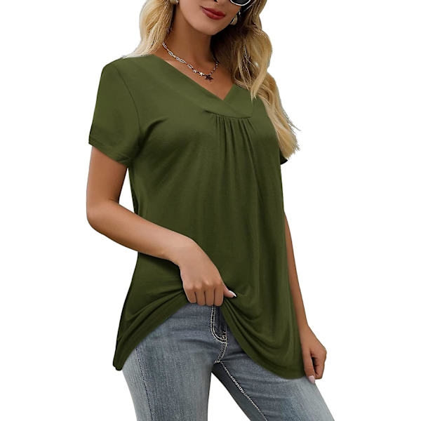 Naisten rento toppi V-kaula-aukko T-paita Lyhyt-/pitkähihainen laskostettu Longine-paita Short Green XXL