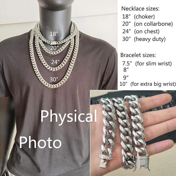 Herr Miami Cuban Link Chain Vit 15mm Rostfritt Stål Curb Halsband Med Cz Diamantkedja Choker
