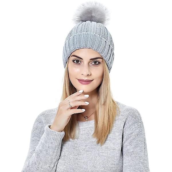 Kvinnors stickade mössa med satin foder Pom Pom vinter varm mössa Bobble hatt