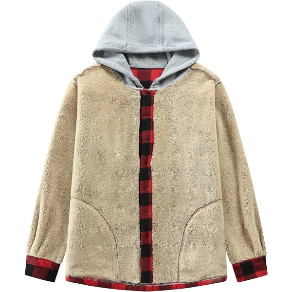 Rutete bomullsjakke for menn, fleeceforet flanellskjorte, Sherpa-jakke med knapper og hette for menn Red XL