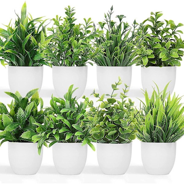 Konstgjorda växter små falska krukväxter, 8 st mini eukalyptus krukväxter konstgräs växt med vit kruka för heminredning, inomhus, kontor, De