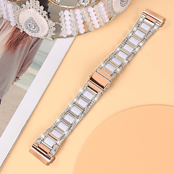 För Fitbit Versa 4/Sense 2 Resin Watch Strap i rostfritt stål med strassdekor Rose Gold White