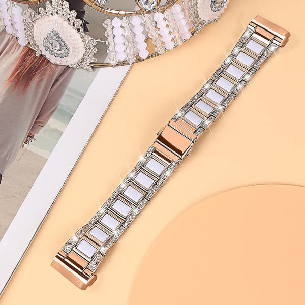 Til Fitbit Versa 4/Sense 2 Resin Urrem Rustfrit Stål Rhinestone Dekor Urrem Rose Gold White