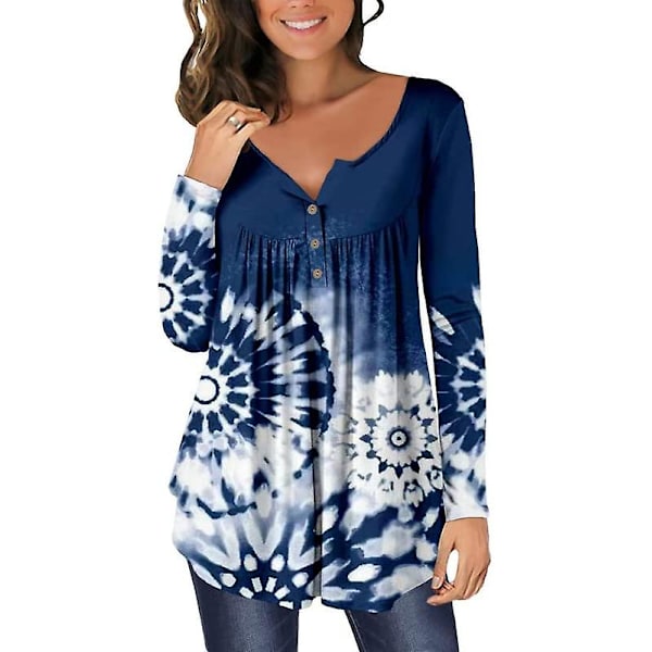 Kvinner Casual Bluser Topper Løse Plisserte Blomstrete Tunika Skjorter For Kvinner Uk V-Hals Bluewhite M