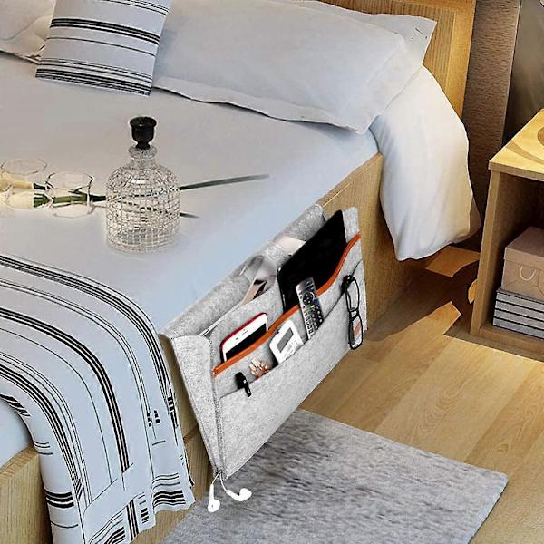 Huopainen sängyn vieressä oleva säilytyspussi taskuilla, kätevä sängyn sohvan työpöydän riippuva järjestäjä puhelimelle, lehdille, tabletille, kaukosäätimille Light Grey
