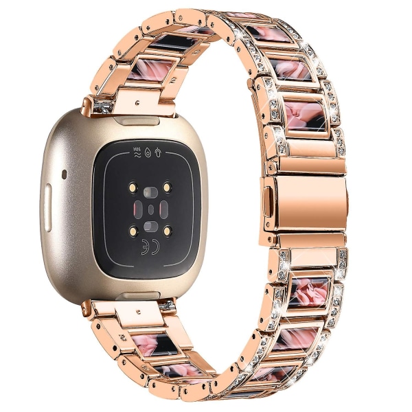 Resin klockarmband i rostfritt stål med strassdekor för Fitbit Versa 4/Sense 2 Rose Gold Black Pink Mix