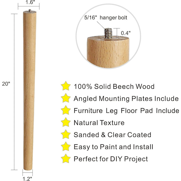 12 tommer møbelben, runde massive træbordsben, midt århundredes moderne erstatningsben perfekte til Ikea bord, sofa, seng, sofabord bensæt 20inch Beech Wood 122.375*1.625 inches