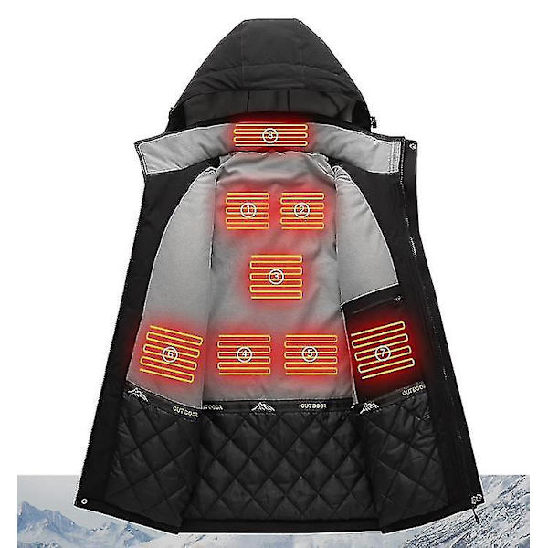 Lämmitetty takki miehille, 8 lämmitysaluetta, lämmin ulkotakki Black 2XL