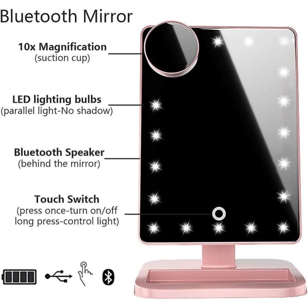 Sminkspegel med lampor Bluetooth upplyst sminkspegel Pekskärm Trådlös ljudhögtalare Dimbar ljus avtagbar 10x förstoring Uppladdningsbar Rose Gold