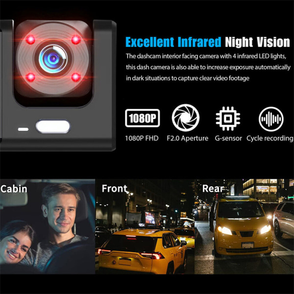 3-kanals Dash Cam Fram och Bak Insida, 1080P Dash IR Night Vision, Loop Recording Bil DVR-kamera med 2 tums IPS-skärm 3 kameror Bil Dashcam