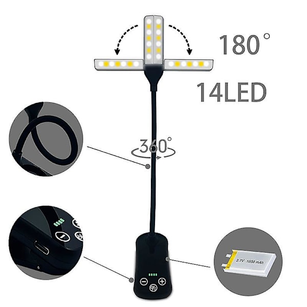 Varm/vit läslampa med klämma, lätt ögonvårdande boklampa, perfekt för bokälskare, laddare