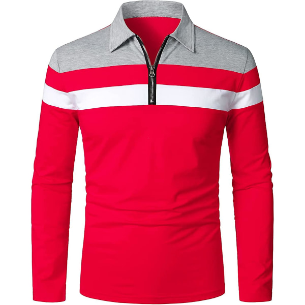 Herr Casual Långärmad Polotröjor Kontrastfärg Patchwork Bomull Tee Toppar Red M