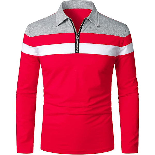 Herr Casual Långärmad Polotröjor Kontrastfärg Patchwork Bomull Tee Toppar Red XXL