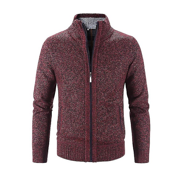 Herr Vinter Varm Långärmad Solid Zip Stickad Cardigan Casual Jumper Topprockar Red Wine L