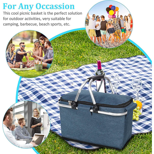 Vikbara picknickkorgar, 4-personers picknickkorgar med vattentätt foder, hopfällbar shoppingkorg kylväska (marinblå)