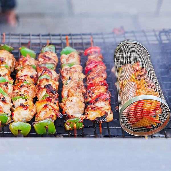 BBQ Rullende Grillkurv, Grillkurv i Rustfritt Stål med Trådnett, Bærbart Utendørs Camping Kokekar for Grønnsaker