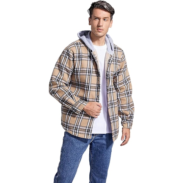 Rutete bomullsjakke for menn, fleeceforet flanellskjorte, Sherpa-jakke med knapper og hette for menn khaki 2XL