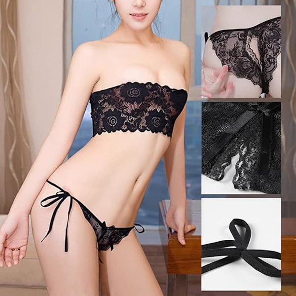 Seksikkäät pitsiset G-string alushousut naisille, kukkakirjailtuja alusvaatteita rusettinauhalla, mukavat matalavyötäröiset stringit, solmittavat sivut, hengittävät