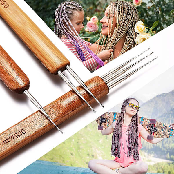 6 stycken Dreadlock virknål för hår 0,5 mm 0,75 mm nålvävning virkning inklusive 1 krok, 2 krokar, 3 krokar för flätning hantverk