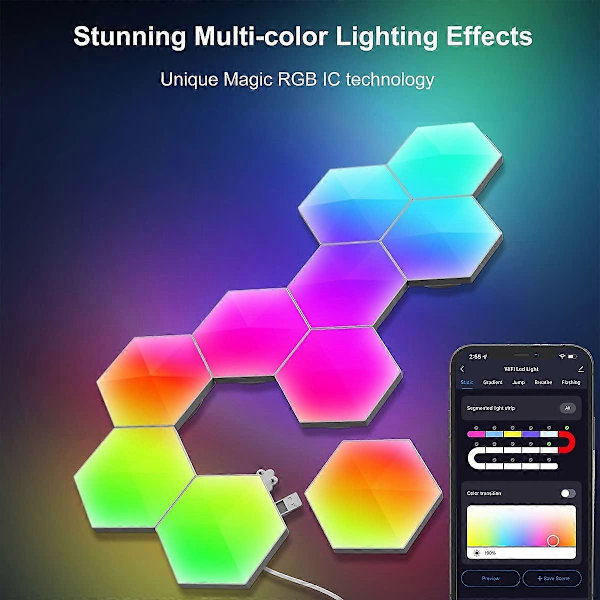 LED Hexagon Væglampe Smart Modulær RGBIC Honeycomb Lampe med APP Fjernbetjening og Musik Synkronisering USB Drevet Hexagon Computer Gaming Lamper til Spil 10pcs