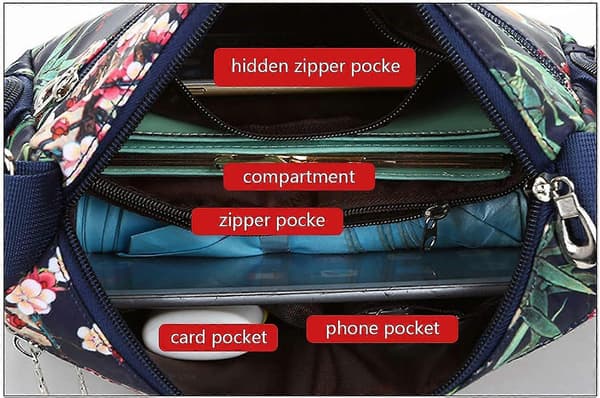 Dame Nylon Multi-Pocket Skuldertaske, Blomstermønster, One Size-Ch