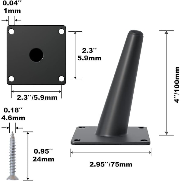 4 st 16 tum tunga mattsvarta metallben i lutande vinkel för möbler, set med ben i modern stil från mitten av århundradet för soffbord, soffa, skåp Matte Black 4 Inch (100mm)