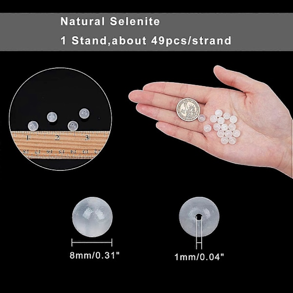 49 kpl 8 mm luonnonkivisiä helmiä, luonnollinen seleniitti pyöreitä helmiä, jalokiviä irtotavarana rannekorujen ja kaulakorujen valmistukseen (reikä: 1 mm)