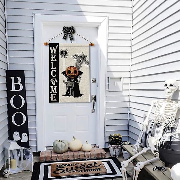 Halloween Tervetuloa Puutarhalippu Juuttikangas Kaksipuolinen Pystysuora 1218 Tuumaa Pelottava Valkoinen Aave Kurpitsalyhty Piha Sisustus Df108 White1 28" X 40"