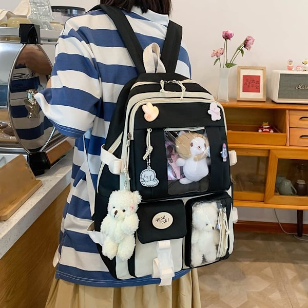Canvas Skoletaske Kombinationssæt, Kawaii Pige Studerende Skoletaske sort